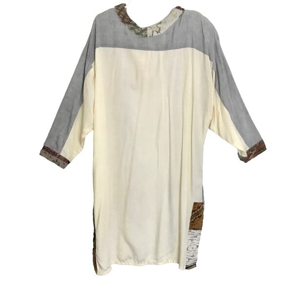 Nativewear Designs Womens Long Kimono Coat XS Cream Gray Beaded Patchy Oversize - Picture 2 of 10